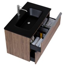 HD Cremona Oak 80 komplett fürdőszoba bútor szett fali mosdószekrénnyel, szálcsiszolt króm fogantyúkkal, matt fekete slim mosdóval, tükörrel és magasszekrénnyel