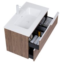 HD Cremona Oak 80 komplett fürdőszoba bútor szett fali mosdószekrénnyel, matt fehér fogantyúkkal, fényes fehér slim mosdóval, tükörrel és magasszekrénnyel