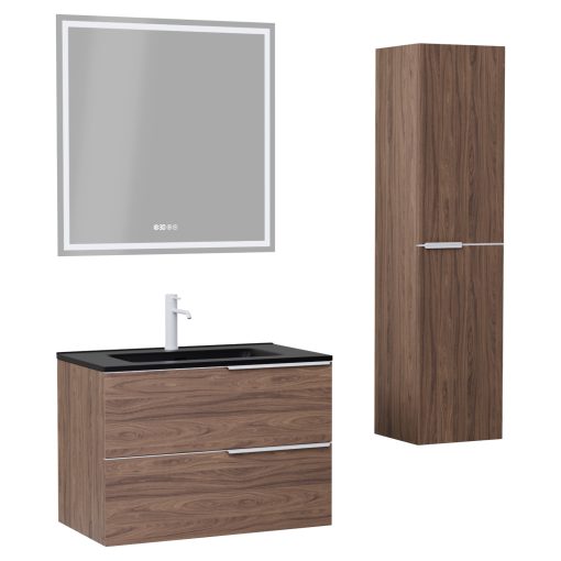 HD Cremona Oak 80 komplett fürdőszoba bútor szett fali mosdószekrénnyel, matt fehér fogantyúkkal, matt fekete slim mosdóval, tükörrel és magasszekrénnyel