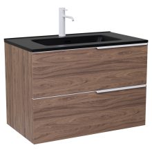 HD Cremona Oak 80 komplett fürdőszoba bútor szett fali mosdószekrénnyel, matt fehér fogantyúkkal, matt fekete slim mosdóval, tükörrel és magasszekrénnyel