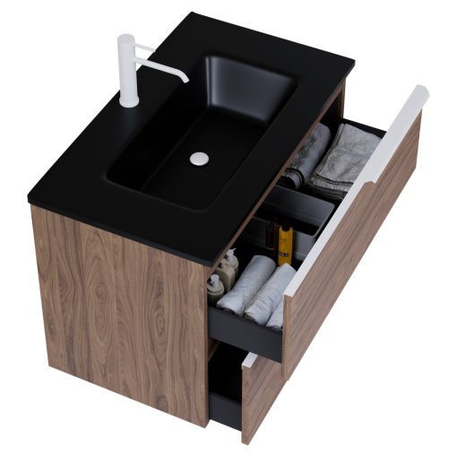 HD Cremona Oak 80 komplett fürdőszoba bútor szett fali mosdószekrénnyel, matt fehér fogantyúkkal, matt fekete slim mosdóval, tükörrel és magasszekrénnyel