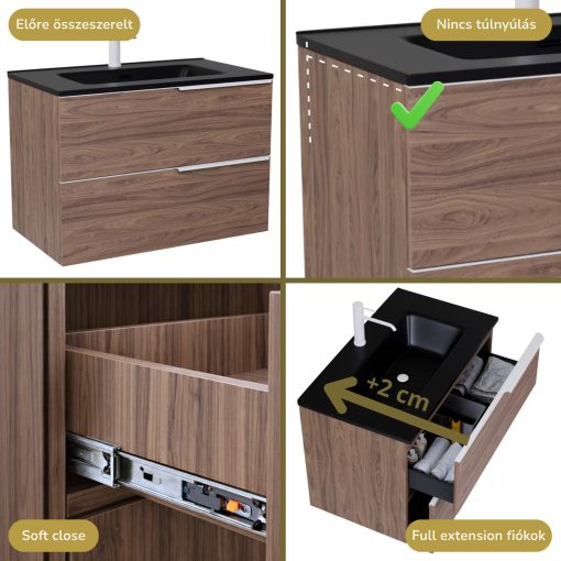 HD Cremona Oak 80 komplett fürdőszoba bútor szett fali mosdószekrénnyel, matt fehér fogantyúkkal, matt fekete slim mosdóval, tükörrel és magasszekrénnyel