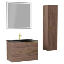 HD Cremona Oak 80 komplett fürdőszoba bútor szett fali mosdószekrénnyel, szálcsiszolt arany fogantyúkkal, matt fekete slim mosdóval, tükörrel és magasszekrénnyel