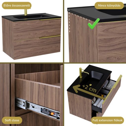 HD Cremona Oak 80 komplett fürdőszoba bútor szett fali mosdószekrénnyel, szálcsiszolt arany fogantyúkkal, matt fekete slim mosdóval, tükörrel és magasszekrénnyel