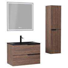 HD Cremona Oak 80 komplett fürdőszoba bútor szett fali mosdószekrénnyel, matt fekete fogantyúkkal, matt fekete slim mosdóval, tükörrel és magasszekrénnyel