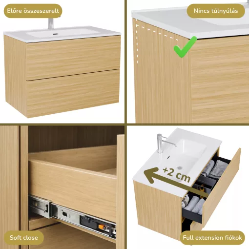 HD Aria Pro Hickory 80 komplett fürdőszoba bútor fali push-to-open mosdószekrénnyel, fényes fehér slim mosdóval és tükörrel