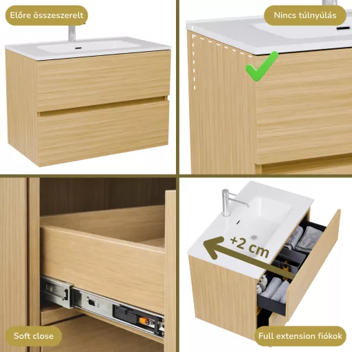 HD Aria Hickory 80 komplett fürdőszoba bútor fali mosdószekrénnyel, fényes fehér slim mosdóval és tükörrel