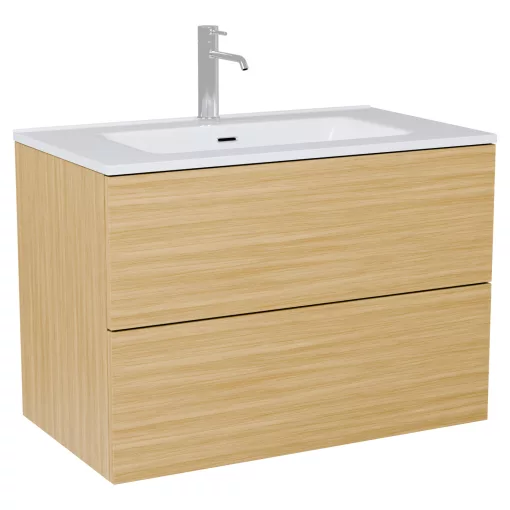 HD Aria Pro Hickory 80 komplett fürdőszoba bútor szett fali push-to-open mosdószekrénnyel, fényes fehér slim mosdóval, tükörrel és magas szekrénnyel