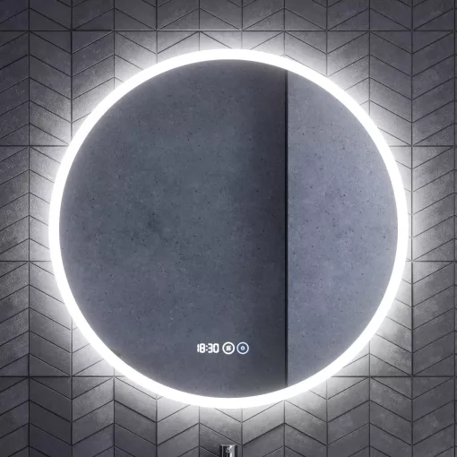 HD Aria Pro Hickory 80 komplett fürdőszoba bútor szett fali push-to-open mosdószekrénnyel, fényes fehér slim mosdóval, tükörrel és magas szekrénnyel