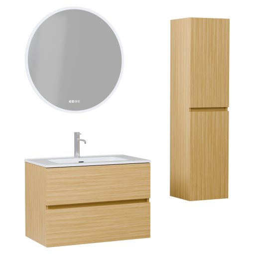 HD Aria Hickory 80 komplett fürdőszoba bútor szett fali mosdószekrénnyel, fényes fehér slim mosdóval, tükörrel és magas szekrénnyel