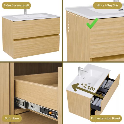 HD Aria Hickory 80 komplett fürdőszoba bútor szett fali mosdószekrénnyel, fényes fehér slim mosdóval, tükörrel és magas szekrénnyel