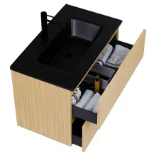 HD Aria Hickory 80 komplett fürdőszoba bútor fali mosdószekrénnyel, matt fekete slim mosdóval és tükörrel