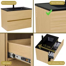 HD Aria Hickory 80 komplett fürdőszoba bútor fali mosdószekrénnyel, matt fekete slim mosdóval és tükörrel