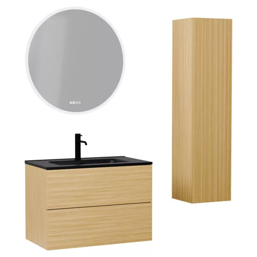 HD Aria Pro Hickory 80 komplett fürdőszoba bútor szett fali push-to-open mosdószekrénnyel, matt fekete slim mosdóval, tükörrel és magas szekrénnyel