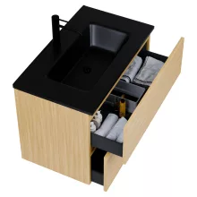 HD Aria Pro Hickory 80 komplett fürdőszoba bútor szett fali push-to-open mosdószekrénnyel, matt fekete slim mosdóval, tükörrel és magas szekrénnyel