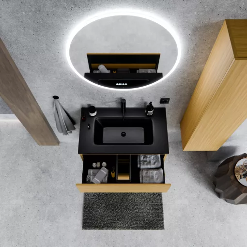 HD Aria Pro Hickory 80 komplett fürdőszoba bútor szett fali push-to-open mosdószekrénnyel, matt fekete slim mosdóval, tükörrel és magas szekrénnyel