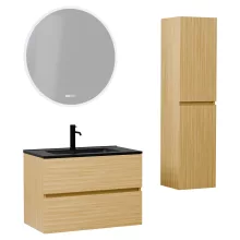 HD Aria Hickory 80 komplett fürdőszoba bútor szett fali mosdószekrénnyel, matt fekete slim mosdóval, tükörrel és magas szekrénnyel