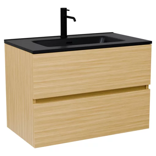 HD Aria Hickory 80 komplett fürdőszoba bútor szett fali mosdószekrénnyel, matt fekete slim mosdóval, tükörrel és magas szekrénnyel