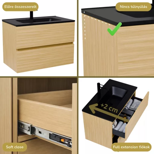 HD Aria Hickory 80 komplett fürdőszoba bútor szett fali mosdószekrénnyel, matt fekete slim mosdóval, tükörrel és magas szekrénnyel