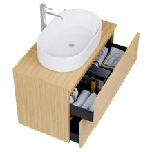 HD Zyra Pro Hickory 80 komplett fürdőszoba bútor fali push-to-open mosdószekrénnyel, hikoridió színű mosdópulttal és tükörrel