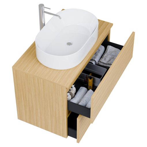 HD Zyra Pro Hickory 80 komplett fürdőszoba bútor fali push-to-open mosdószekrénnyel, hikoridió színű mosdópulttal és tükörrel