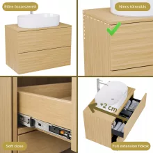 HD Zyra Pro Hickory 80 komplett fürdőszoba bútor szett fali push-to-open mosdószekrénnyel, hikoridió színű mosdópulttal, tükörrel és magas szekrénnyel