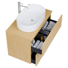 HD Zyra Hickory 80 komplett fürdőszoba bútor szett fali mosdószekrénnyel, hikoridió színű mosdópulttal, tükörrel és magas szekrénnyel