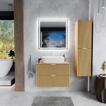 HD Palma Hickory 80 komplett fürdőszoba bútor fali mosdószekrénnyel, hikoridió színű mosdópulttal, matt fehér fogantyúkkal és tükörrel