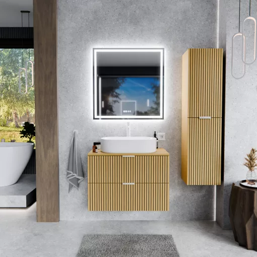 HD Palma Hickory 80 komplett fürdőszoba bútor fali mosdószekrénnyel, hikoridió színű mosdópulttal, matt fehér fogantyúkkal és tükörrel