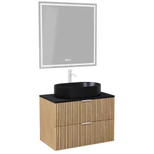 HD Palma Hickory 80 komplett fürdőszoba bútor fali mosdószekrénnyel, matt fekete mosdópulttal, matt fehér fogantyúkkal és tükörrel