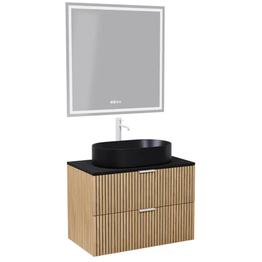 HD Palma Hickory 80 komplett fürdőszoba bútor fali mosdószekrénnyel, matt fekete mosdópulttal, matt fehér fogantyúkkal és tükörrel