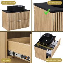 HD Palma Hickory 80 komplett fürdőszoba bútor szett fali mosdószekrénnyel, matt fekete mosdópulttal, matt fehér fogantyúkkal, tükörrel és magasszekrénnyel