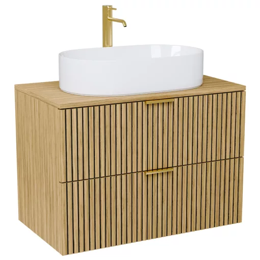 HD Palma Hickory 80 fali mosdószekrény hikoridió színű mosdópulttal és szálcsiszolt arany fogantyúkkal