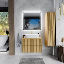 HD Palma Hickory 80 fali mosdószekrény hikoridió színű mosdópulttal és szálcsiszolt arany fogantyúkkal