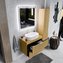 HD Palma Hickory 80 komplett fürdőszoba bútor fali mosdószekrénnyel, hikoridió színű mosdópulttal, szálcsiszolt arany fogantyúkkal és tükörrel
