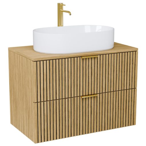 HD Palma Hickory 80 komplett fürdőszoba bútor szett fali mosdószekrénnyel, hikoridió színű mosdópulttal, szálcsiszolt arany fogantyúkkal, tükörrel és magasszekrénnyel