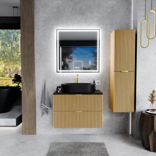 HD Palma Hickory 80 komplett fürdőszoba bútor fali mosdószekrénnyel, matt fekete mosdópulttal, szálcsiszolt arany fogantyúkkal és tükörrel
