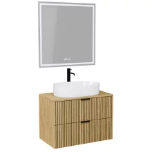 HD Palma Hickory 80 komplett fürdőszoba bútor fali mosdószekrénnyel, hikoridió színű mosdópulttal, matt fekete fogantyúkkal és tükörrel
