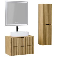 HD Palma Hickory 80 komplett fürdőszoba bútor szett fali mosdószekrénnyel, hikoridió színű mosdópulttal, matt fekete fogantyúkkal, tükörrel és magasszekrénnyel