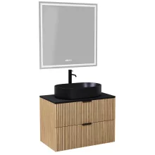 HD Palma Hickory 80 komplett fürdőszoba bútor fali mosdószekrénnyel, matt fekete mosdópulttal, matt fekete fogantyúkkal és tükörrel