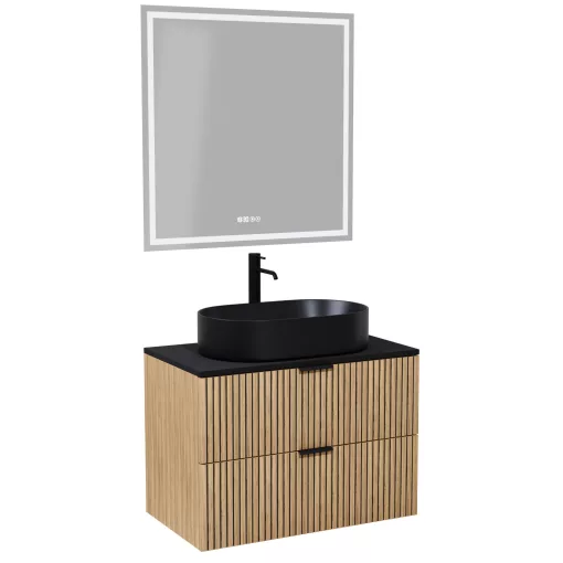 HD Palma Hickory 80 komplett fürdőszoba bútor fali mosdószekrénnyel, matt fekete mosdópulttal, matt fekete fogantyúkkal és tükörrel