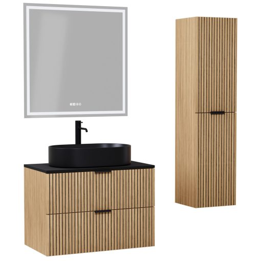 HD Palma Hickory 80 komplett fürdőszoba bútor szett fali mosdószekrénnyel, matt fekete mosdópulttal, matt fekete fogantyúkkal, tükörrel és magasszekrénnyel