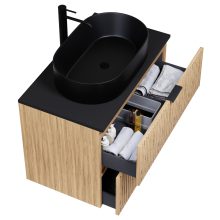 HD Palma Hickory 80 komplett fürdőszoba bútor szett fali mosdószekrénnyel, matt fekete mosdópulttal, matt fekete fogantyúkkal, tükörrel és magasszekrénnyel