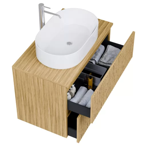 HD Palma Pro Hickory 80 komplett fürdőszoba bútor fali push-to-open mosdószekrénnyel, hikoridió színű mosdópulttal és tükörrel