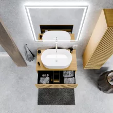 HD Palma Pro Hickory 80 komplett fürdőszoba bútor fali push-to-open mosdószekrénnyel, hikoridió színű mosdópulttal és tükörrel