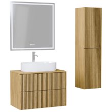 HD Palma Pro Hickory 80 komplett fürdőszoba bútor szett fali push-to-open mosdószekrénnyel, hikoridió színű mosdópulttal, tükörrel és magasszekrénnyel