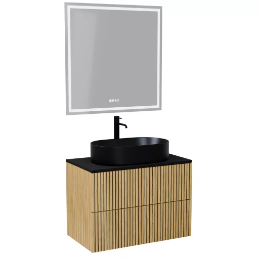 HD Palma Pro Hickory 80 komplett fürdőszoba bútor fali push-to-open mosdószekrénnyel, matt fekete mosdópulttal és tükörrel