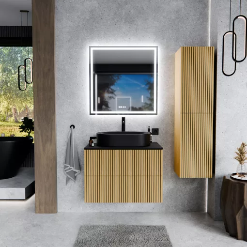 HD Palma Pro Hickory 80 komplett fürdőszoba bútor fali push-to-open mosdószekrénnyel, matt fekete mosdópulttal és tükörrel