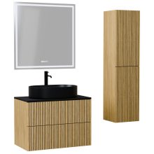 HD Palma Pro Hickory 80 komplett fürdőszoba bútor szett fali push-to-open mosdószekrénnyel, matt fekete mosdópulttal, tükörrel és magasszekrénnyel