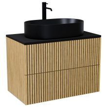 HD Palma Pro Hickory 80 komplett fürdőszoba bútor szett fali push-to-open mosdószekrénnyel, matt fekete mosdópulttal, tükörrel és magasszekrénnyel